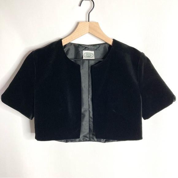 Vintage Laura Ashley Black Velvet Bolero Jacket Cropped Short Sleeve Small Sz 6 - Picture 1 of 8